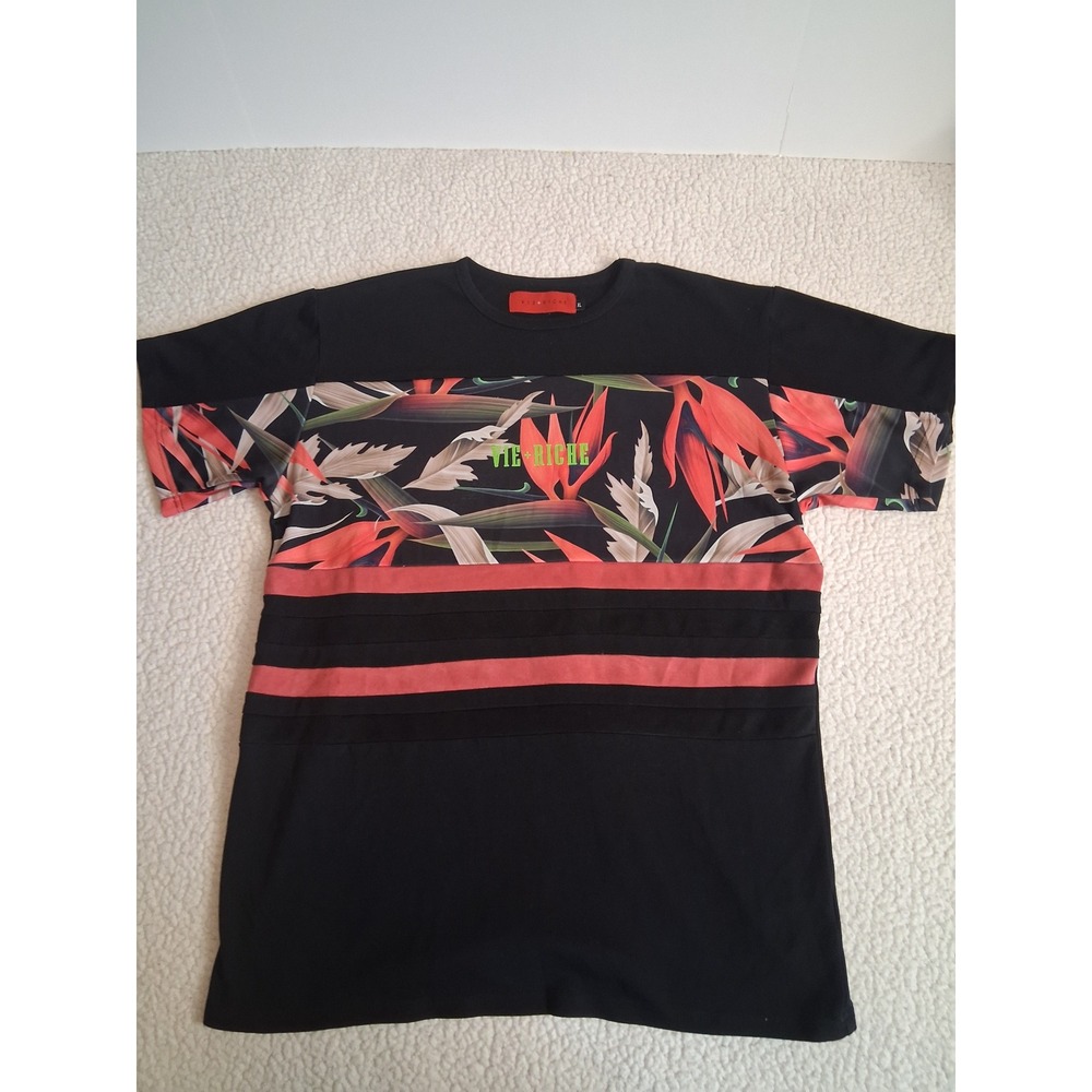 Vie Riche Paris Mens Bird of Paradise Floral Suede Panel T-Shirt Black XL